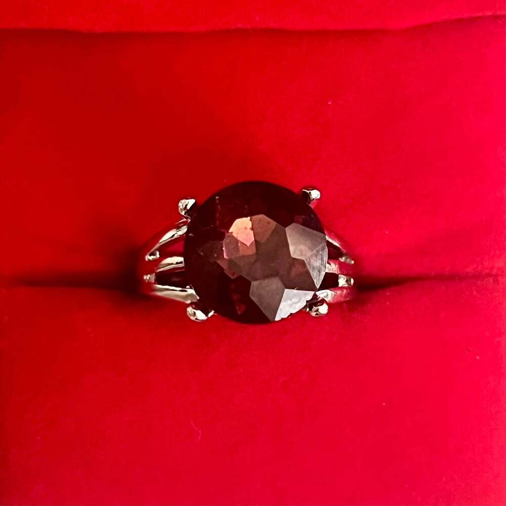 Red Garnet Faux Gemstone Titanium Steel  Silver Ring Size 7